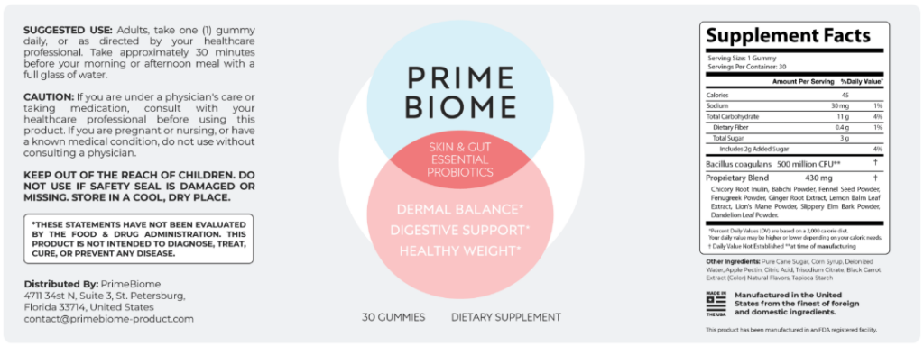 PrimeBiome Supplement Facts