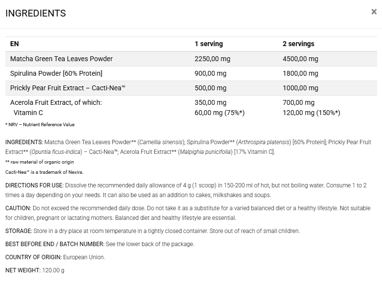 Matcha Extreme Supplement Facts