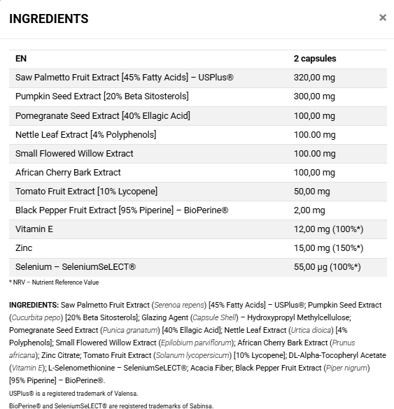 Prostan Plus Supplement Facts