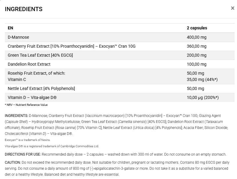 Uticarin Supplement Facts