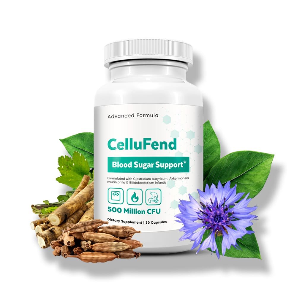 Cellufend supplement bottle with clinical research papers and user testimonials overlay