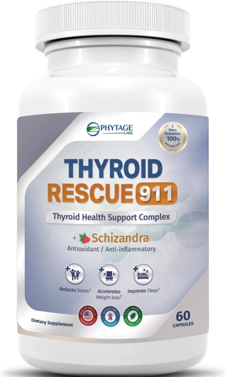 Thyroid Rescue 911 supplement bottle with clinical analysis results