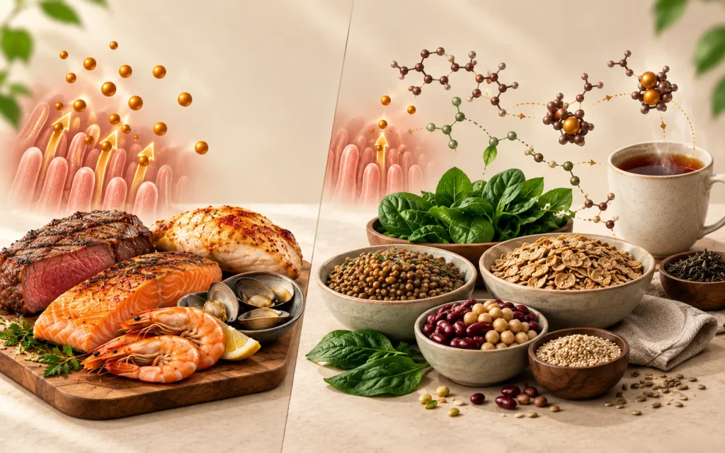 Comparison of heme iron from animal foods and non-heme iron from plant and fortified foods.