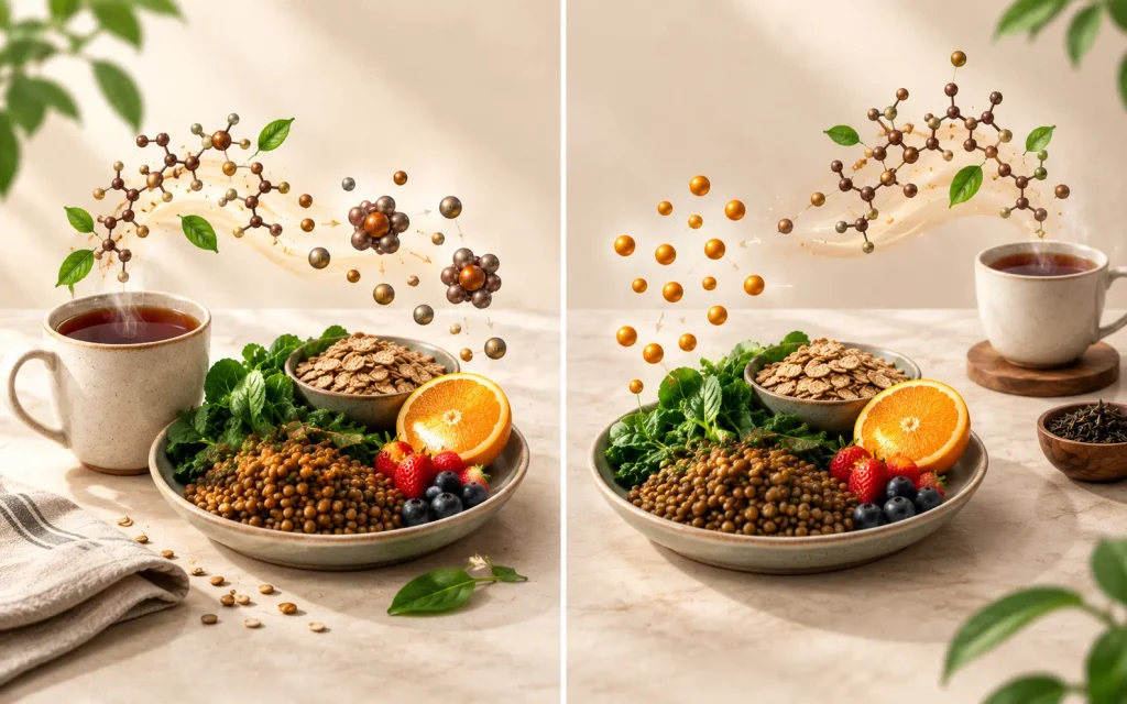 Comparison of tea consumed with an iron-containing meal and tea consumed one hour after the meal.