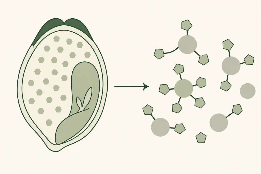 Diagram showing phytate stored inside a plant seed and binding mineral particles