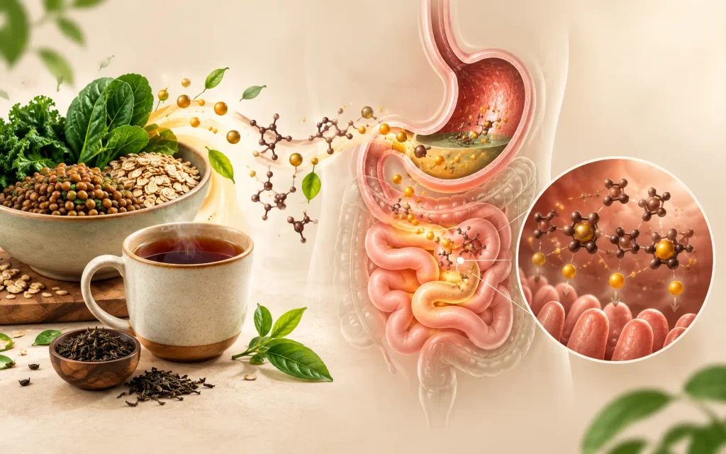 Diagram showing tea polyphenols interacting with non-heme iron during digestion.