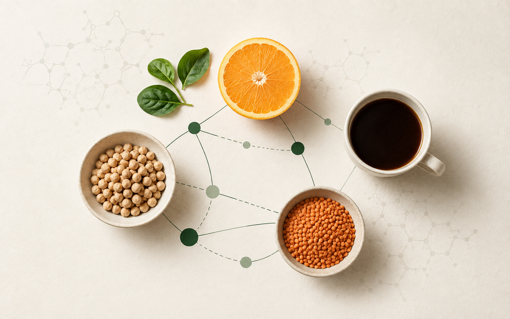 Foods including citrus, lentils, beans and coffee connected by fine lines to circular nutrient markers.