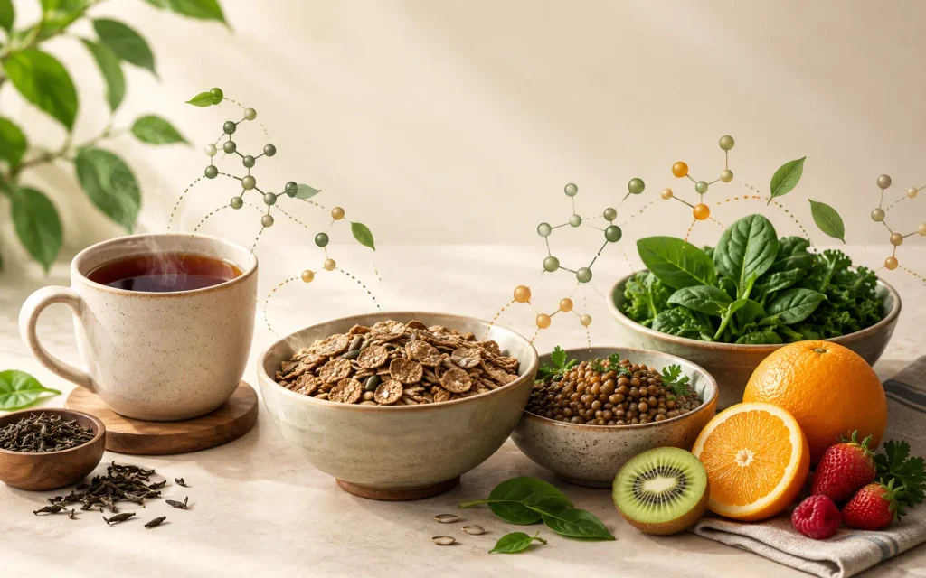Morning tea served beside an iron-containing breakfast of fortified cereal, legumes, and fruit.