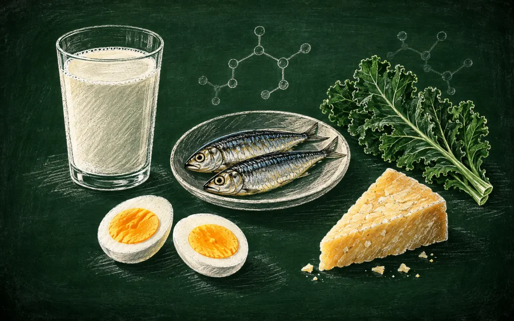 A glass of milk canned sardines egg yolks and leafy greens arranged on a pale surface in morning light