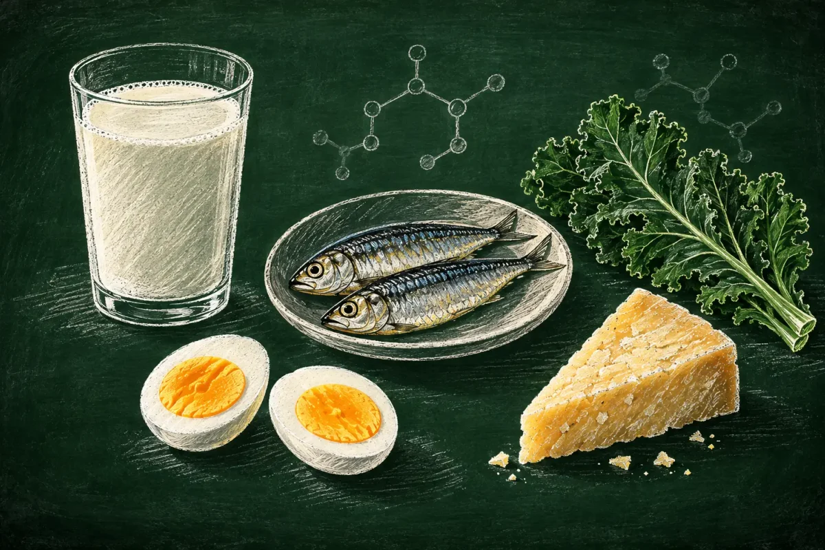 A glass of milk canned sardines egg yolks and leafy greens arranged on a pale surface in morning light