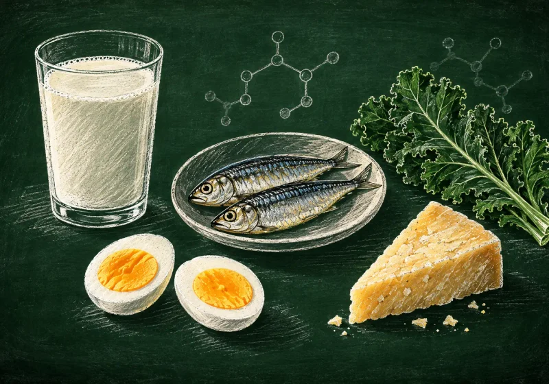 A glass of milk canned sardines egg yolks and leafy greens arranged on a pale surface in morning light