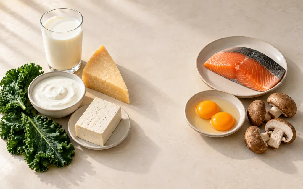 Calcium-rich foods grouped on one side and vitamin D-rich foods on the other