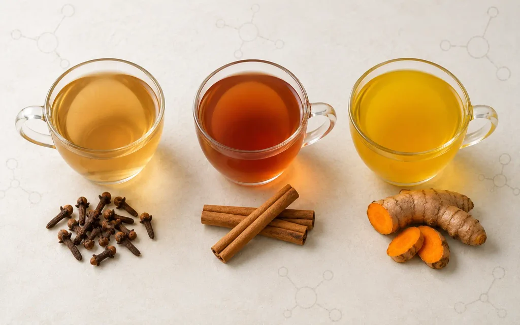 Three glass cups of clove cinnamon and turmeric infusions beside whole spices on a pale surface