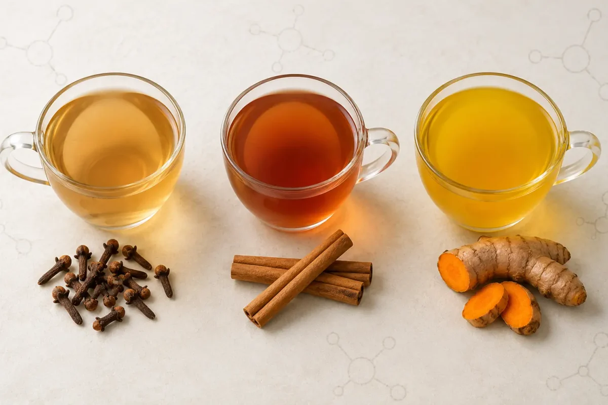 Three glass cups of clove cinnamon and turmeric infusions beside whole spices on a pale surface