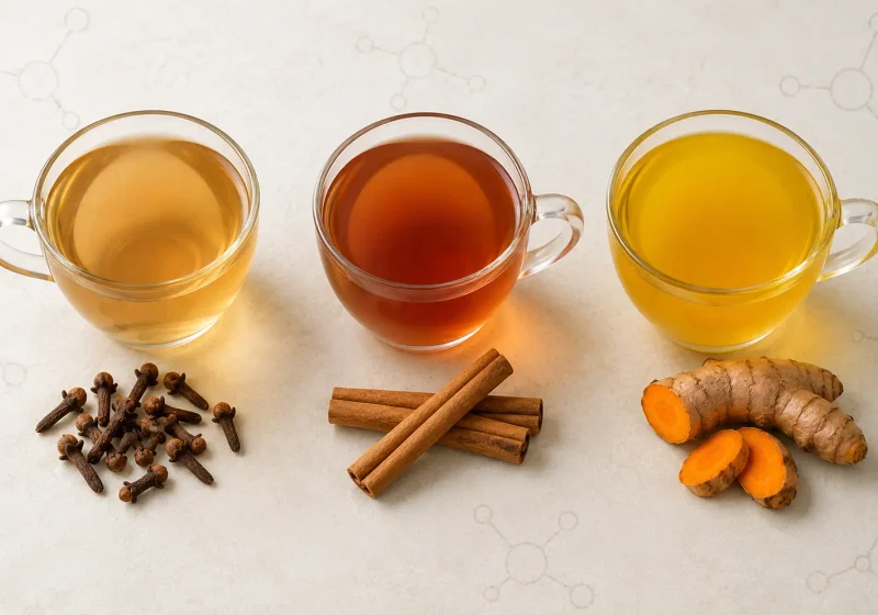 Three glass cups of clove cinnamon and turmeric infusions beside whole spices on a pale surface