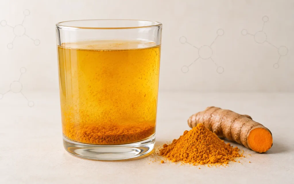 A glass of turmeric water with undissolved powder settled at the bottom, beside a small pile of turmeric powder.