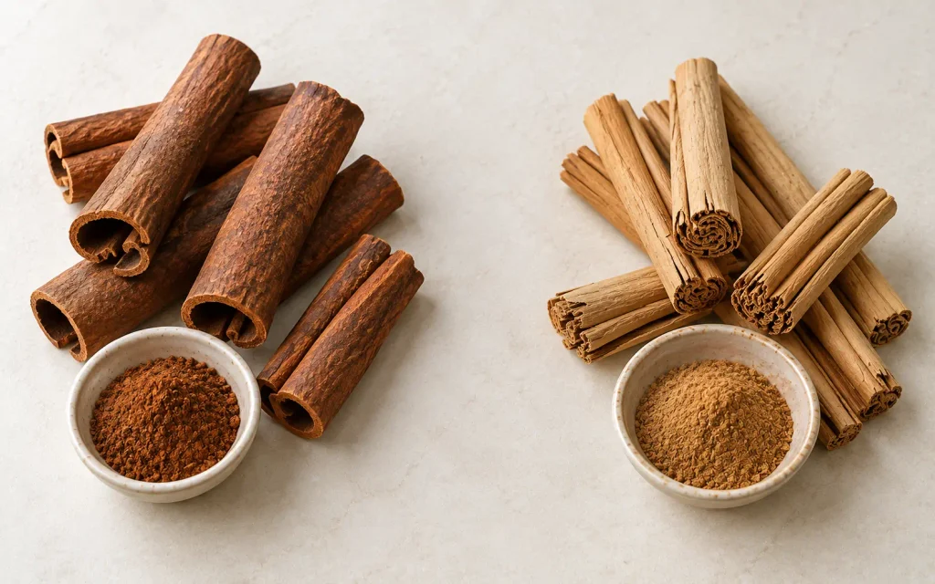 Thick dark cassia cinnamon sticks beside thin layered pale Ceylon cinnamon quills.