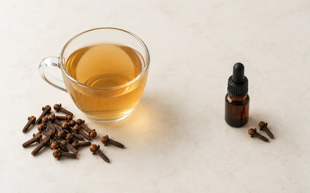 A glass cup of pale clove infusion with whole cloves, beside a small dark glass bottle of clove oil.