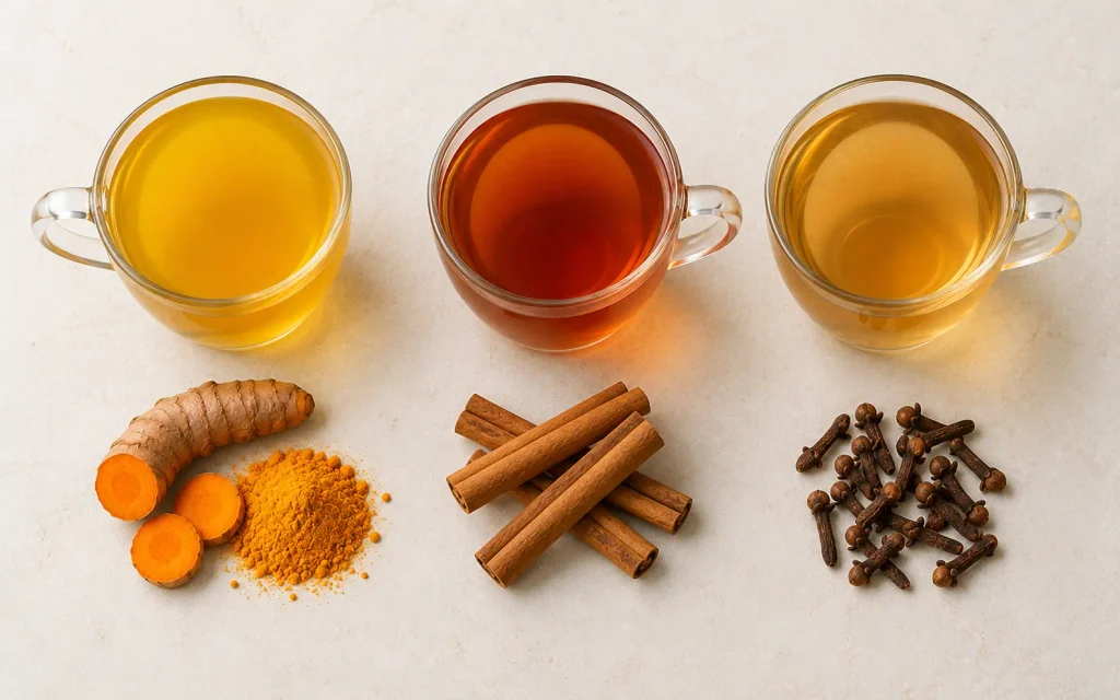 Three glass cups of turmeric, cinnamon and clove infusions in a row with their whole spices beside each.